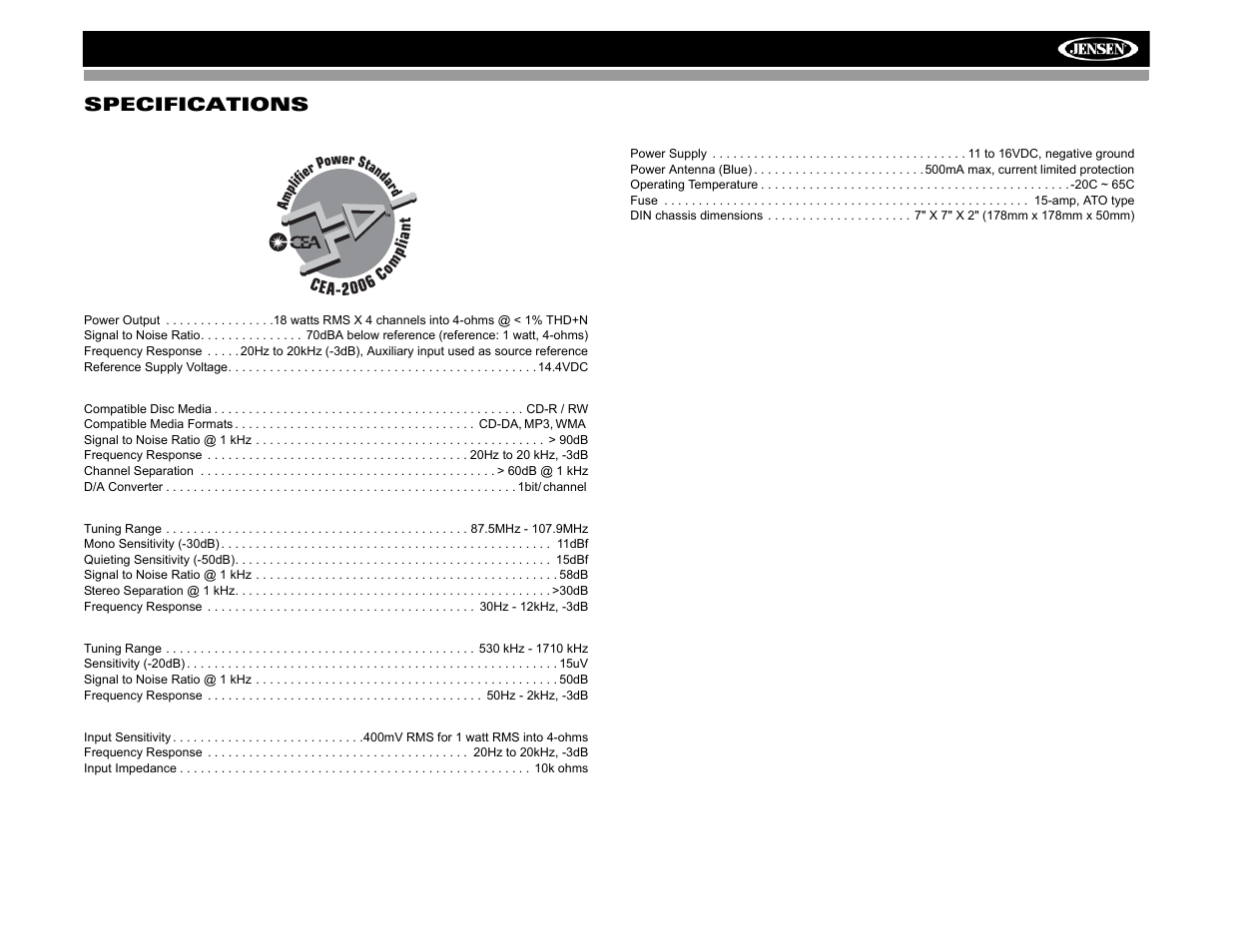 Mp6512i, Specifications | Audiovox Jensen MP6512i User Manual | Page 27 / 30