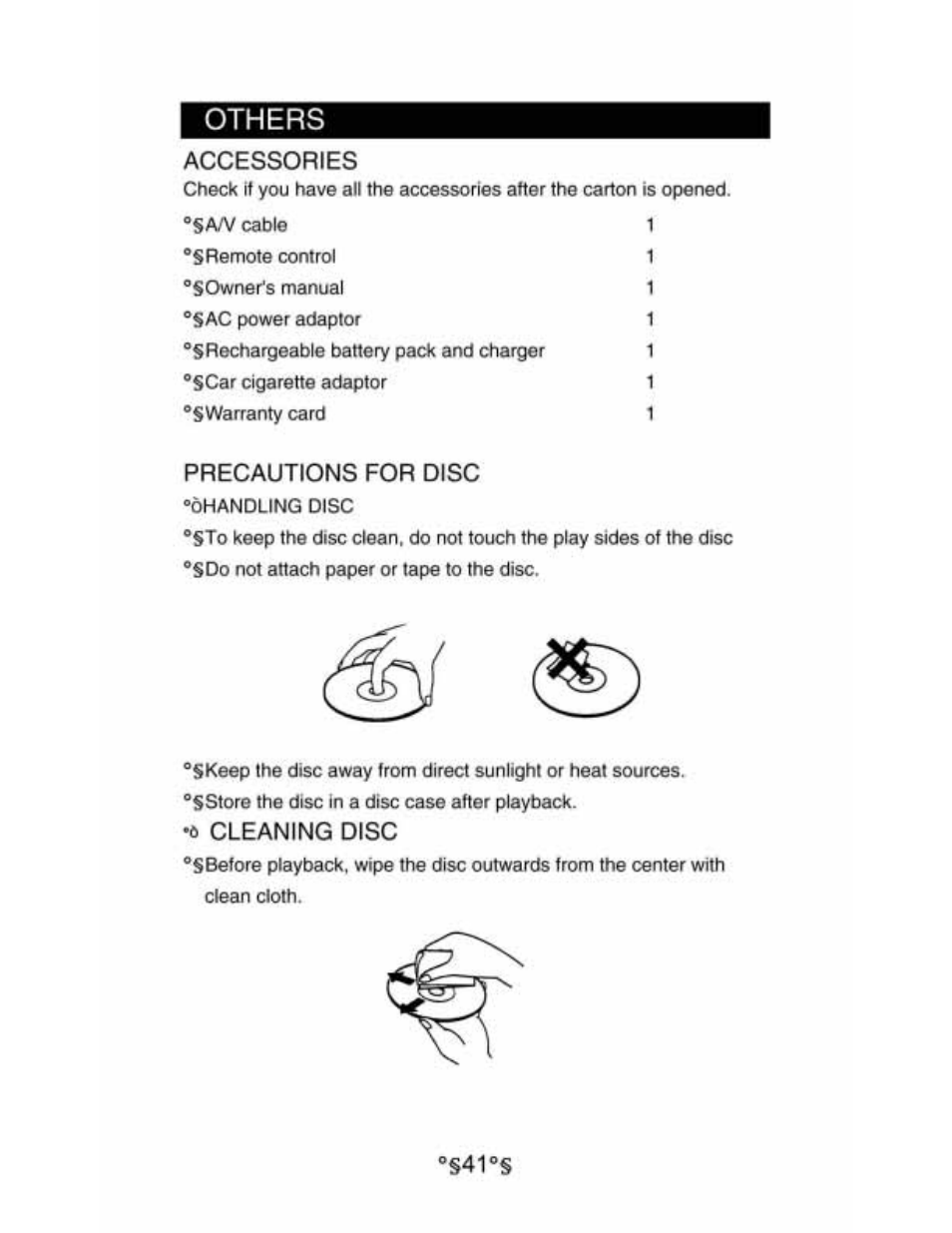 Accessories, Precautions for disc, 6 cleaning disc | Others | Audiovox D1530 User Manual | Page 42 / 46