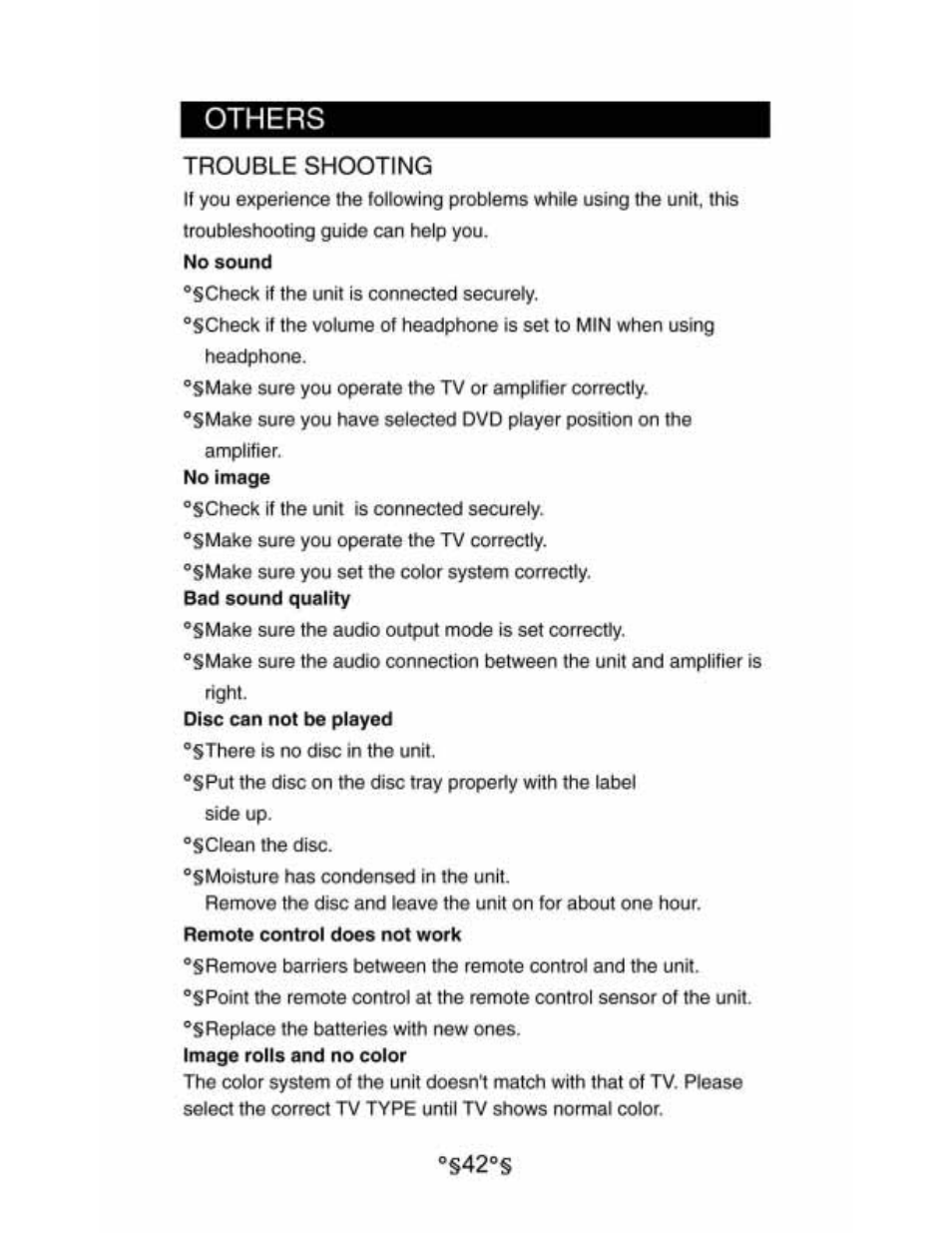 Trouble shooting, Troubleshooting, Others | Audiovox D1530 User Manual | Page 43 / 46