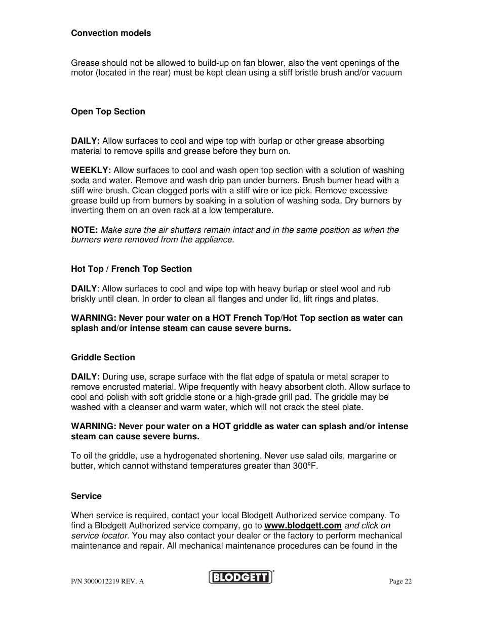 Blodgett BPBB SERIES User Manual | Page 22 / 24