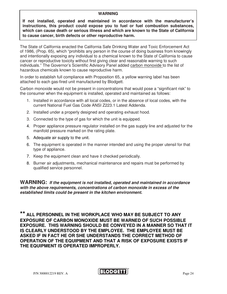 Warning | Blodgett BPBB SERIES User Manual | Page 24 / 24