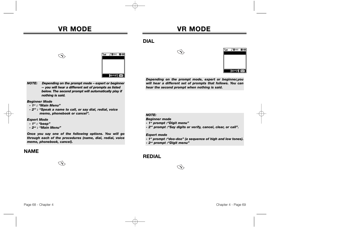 Vr mode, Name, Dial | Redial | Audiovox CDM 8500 User Manual | Page 36 / 76