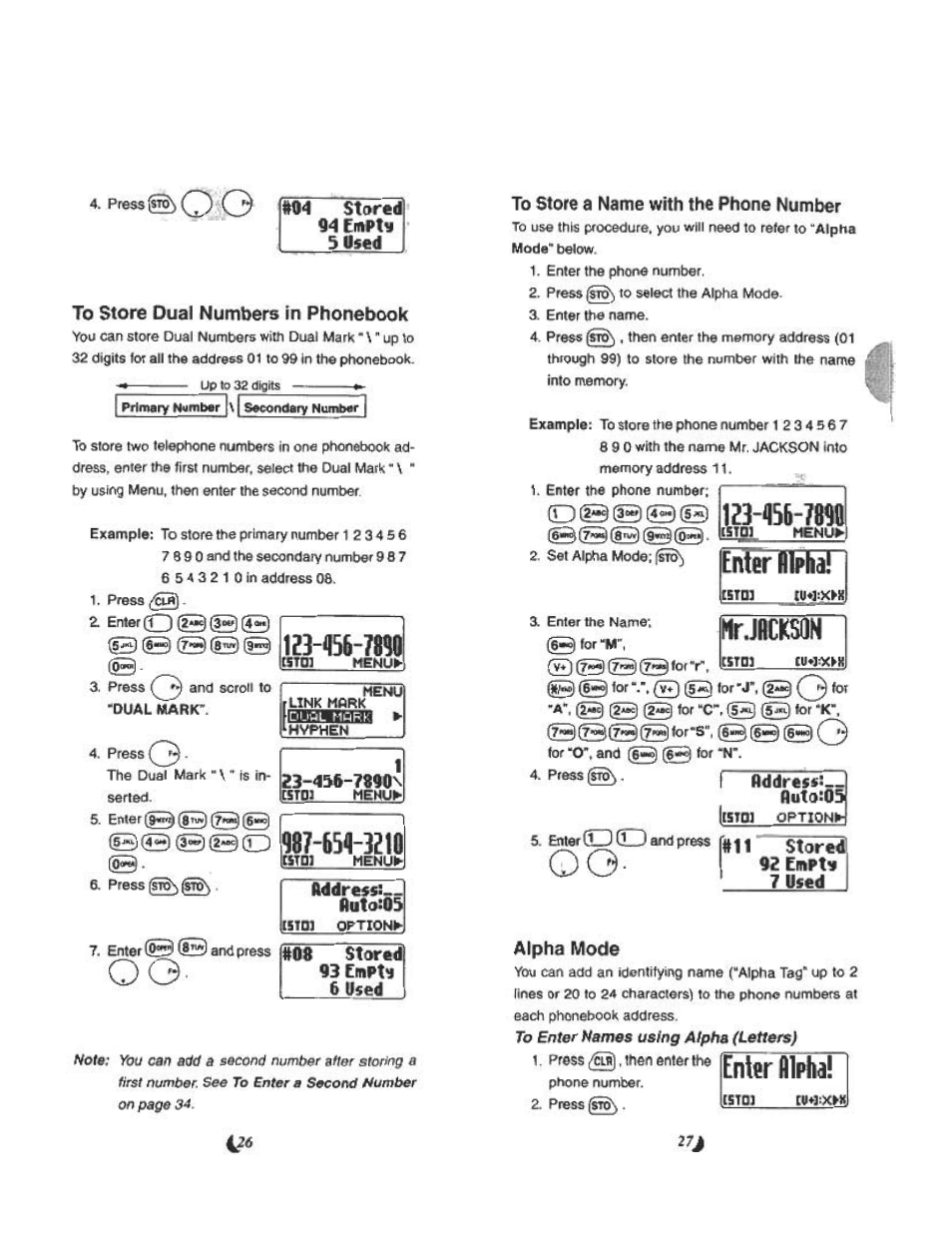 To store dual numbers in phonebook, To store a name with the phone number, Ifsrni | Alpha mode, Entiralplia | Audiovox CDM 4500 User Manual | Page 14 / 42