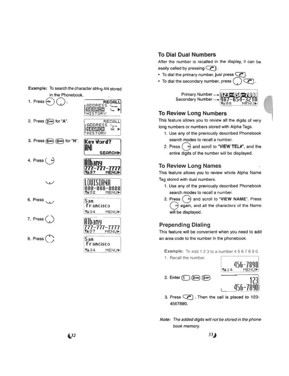 Fllbany, To dial dual numbers, Press | Re^ll ftddre^s, Albany, Rrarvci$co, Tranciicd | Audiovox CDM 4500 User Manual | Page 17 / 42