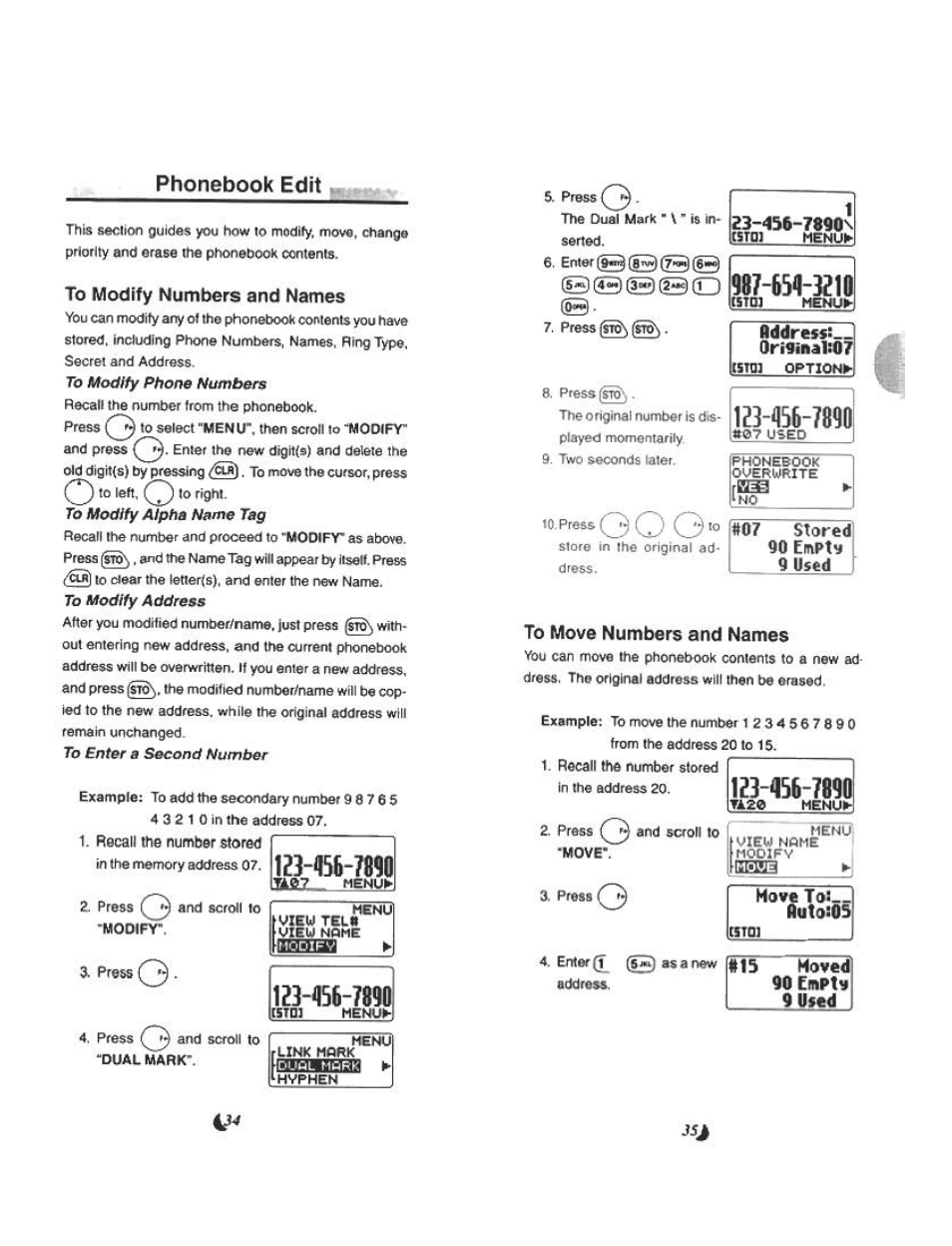 Phonebook edit, To modify numbers and names, I2h56‘m | 1íb-456-789d, Z3-<156-7890, 12h56-í890, To move numbers and names, Hove, Flu1o;05, Тъ hoved 90 impu 9 used | Audiovox CDM 4500 User Manual | Page 18 / 42