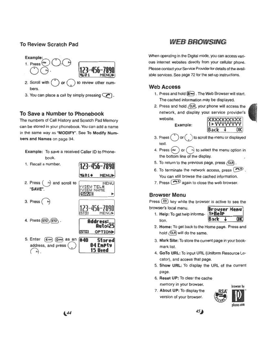 To review scratch pad, Web browsing, 1гз-фь-7и(1 | To save a number to phonebook, №?8!m, Lb3bl, 12h5ll-7890, Rddreff, Flii1oi25, Iio stored t5 used | Audiovox CDM 4500 User Manual | Page 23 / 42