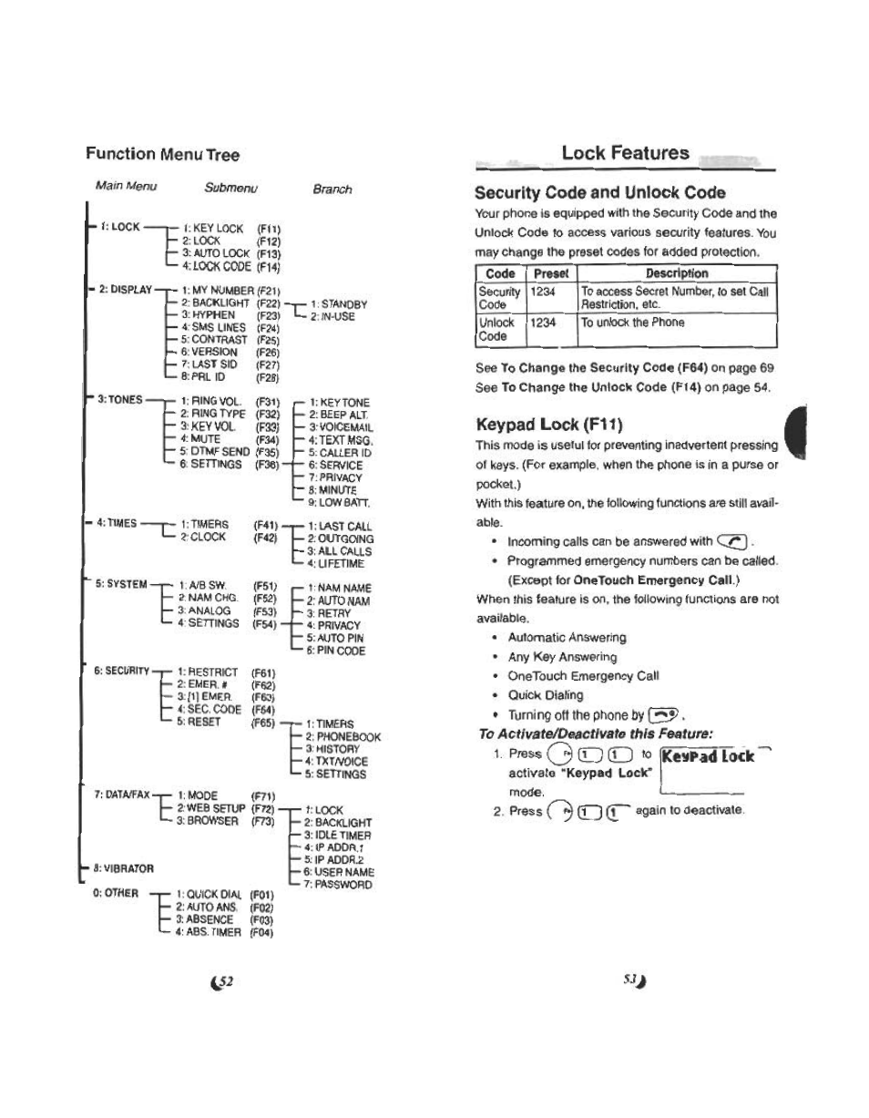 Function menu tree, Lock features, Keypad lock(f11) | Security code and unlock code | Audiovox CDM 4500 User Manual | Page 27 / 42