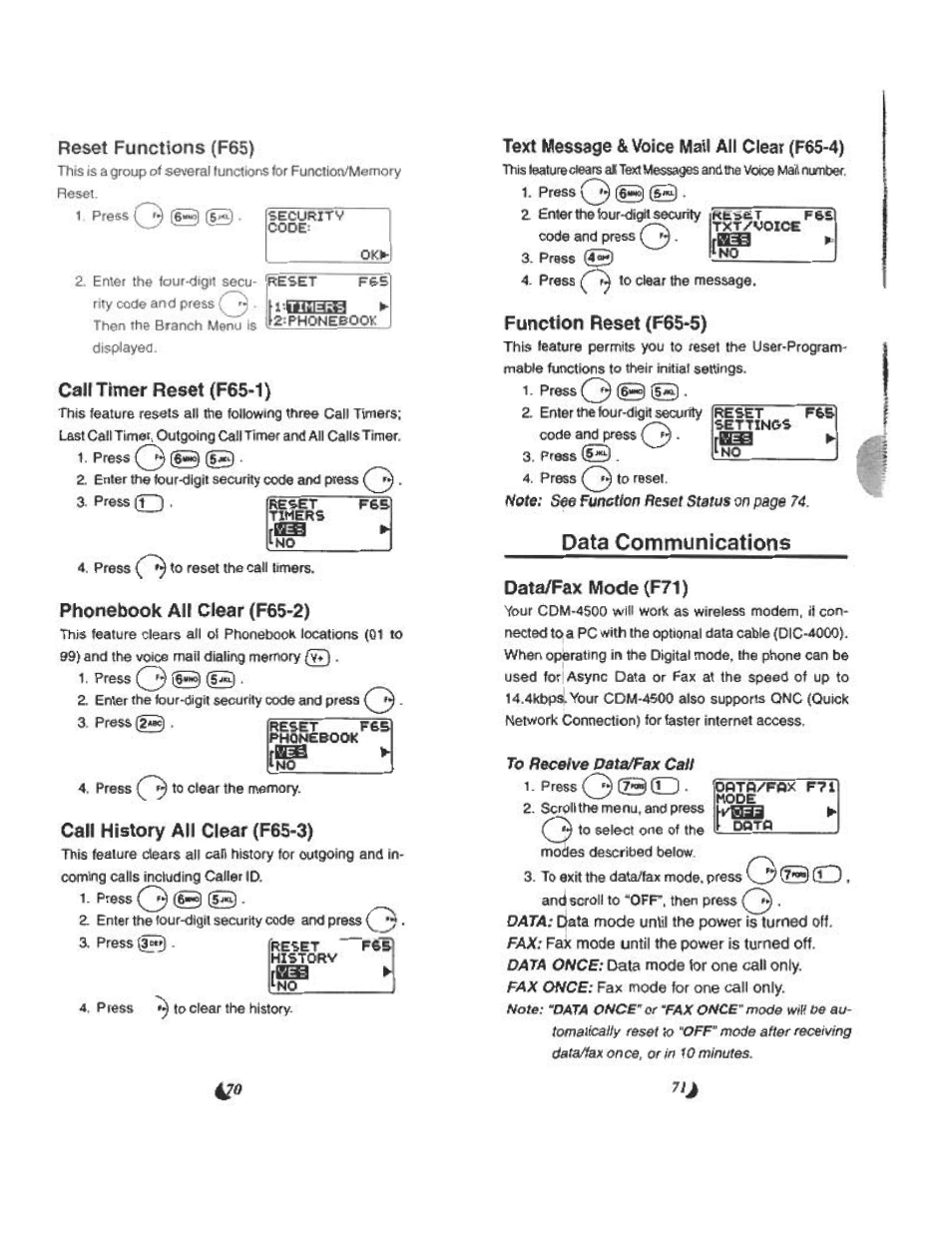 Function reset (f65'5), Data communications, Reset functions (f65) | Can timer reset (f65-1), Phonebook all clear (f65-2), Call history all clear (fg5<3), Data/fax mode (f71) | Audiovox CDM 4500 User Manual | Page 36 / 42