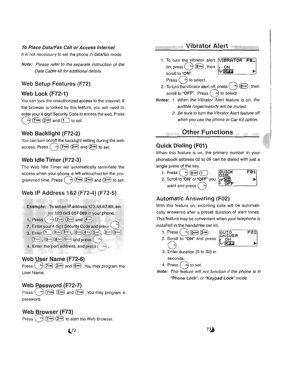 Web setup features (f72), Web lock (f72-1), Web backlight (f72-2) | Web idle timer (f72-3), Web ip address 1&2 (f72-4) (f72-5), Web user name (f72-6), Web password (f72-7), Web browser (f73), Vibrator alert, Other functions | Audiovox CDM 4500 User Manual | Page 37 / 42