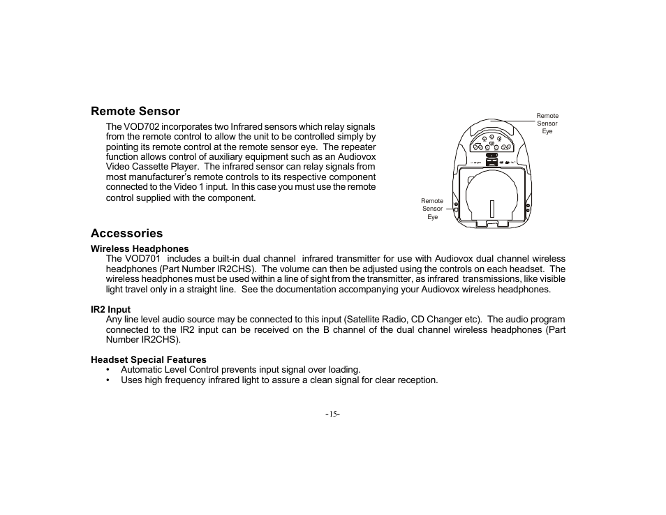Remote sensor, Accessories | Audiovox VOD702 User Manual | Page 15 / 31