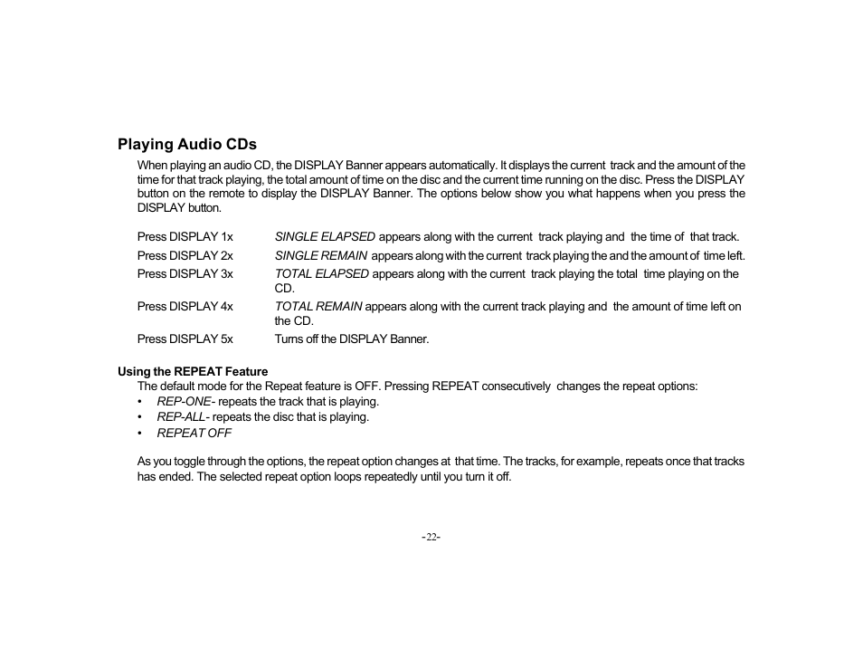 Playing audio cds | Audiovox VOD702 User Manual | Page 22 / 31