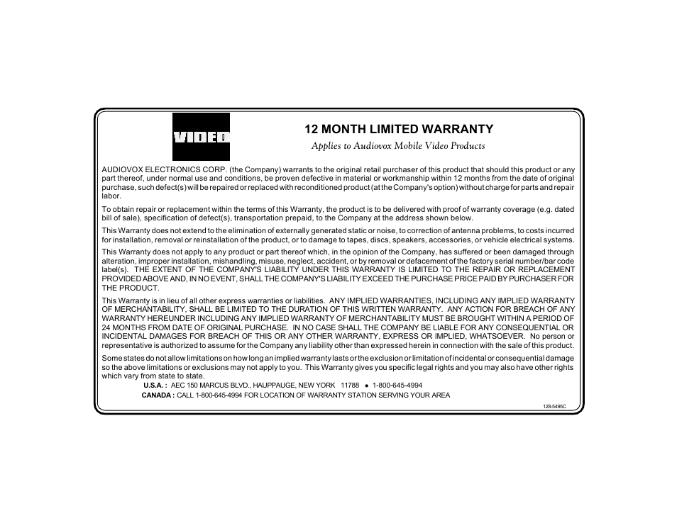 12 month limited warranty, Applies to audiovox mobile video products | Audiovox VOD702 User Manual | Page 30 / 31