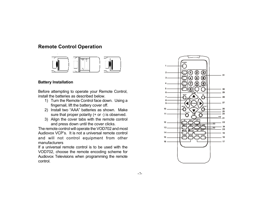 Remote control operation | Audiovox VOD702 User Manual | Page 7 / 31