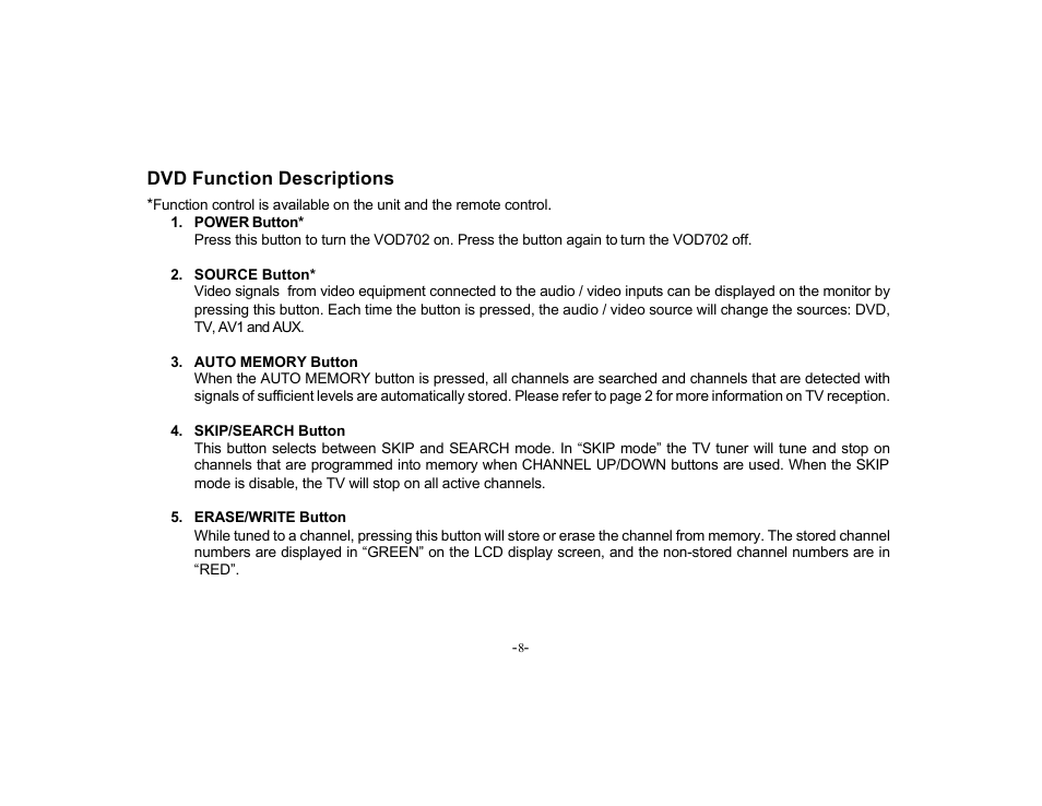Dvd function descriptions | Audiovox VOD702 User Manual | Page 8 / 31