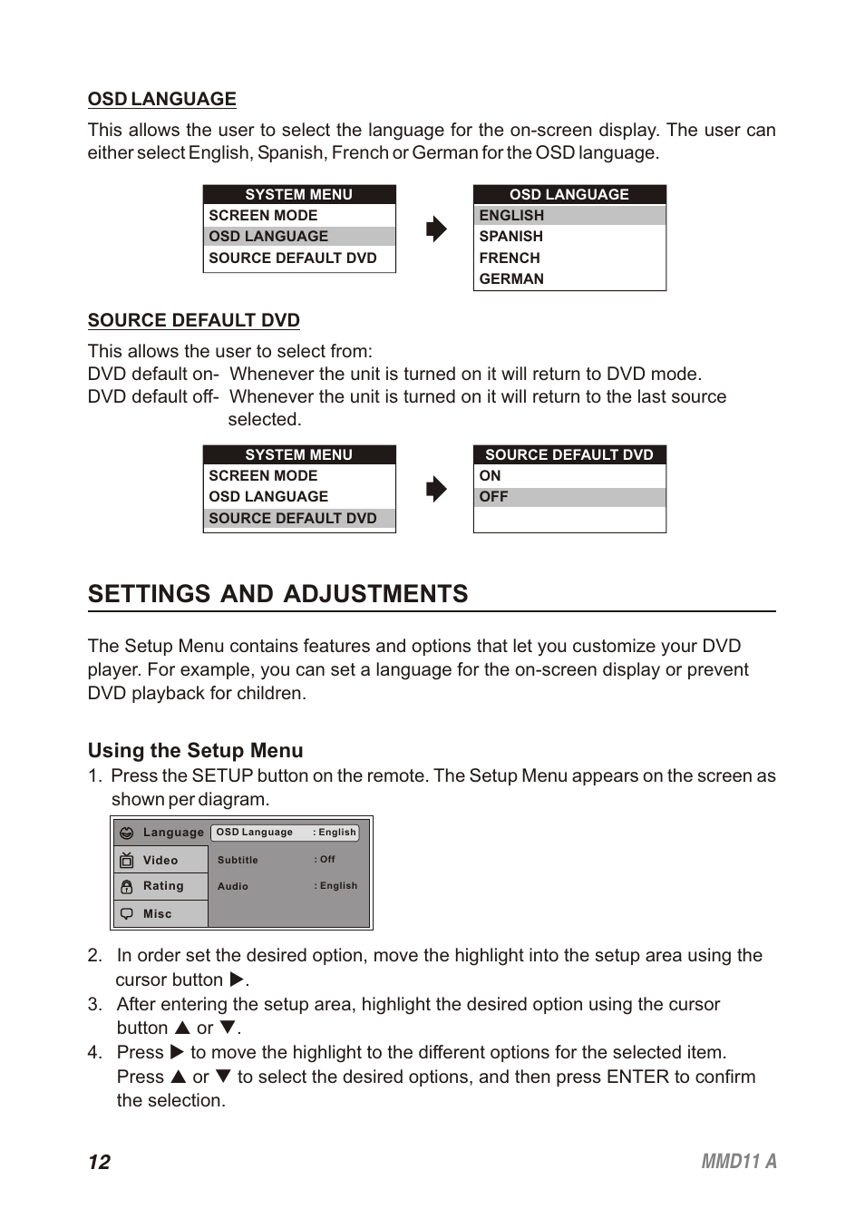 Settings and adjustments, 12 mmd11 a, Using the setup menu | Audiovox Movies2Go 128-8652 User Manual | Page 12 / 24
