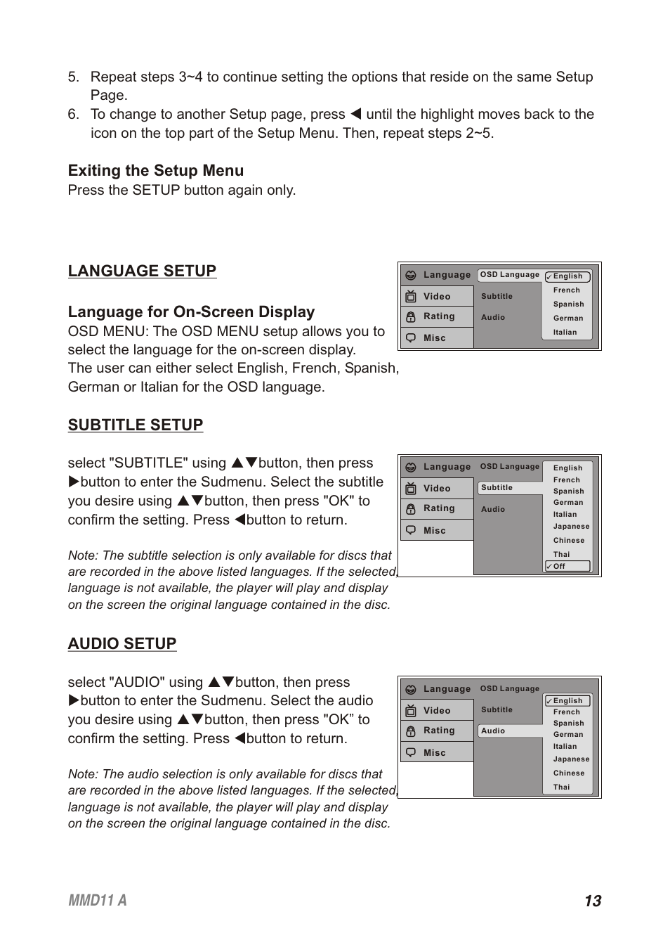 13 mmd11 a, Exiting the setup menu, Language setup language for on-screen display | Subtitle setup, Audio setup, Press the setup button again only | Audiovox Movies2Go 128-8652 User Manual | Page 13 / 24
