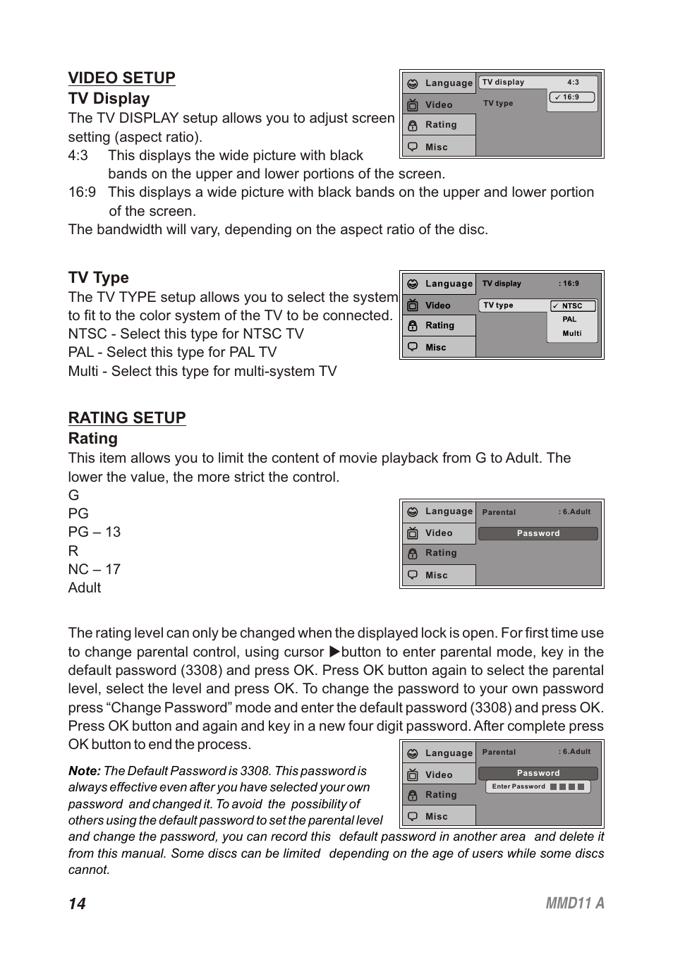 14 mmd11 a video setup tv display, Rating setup rating, Tv type | Audiovox Movies2Go 128-8652 User Manual | Page 14 / 24