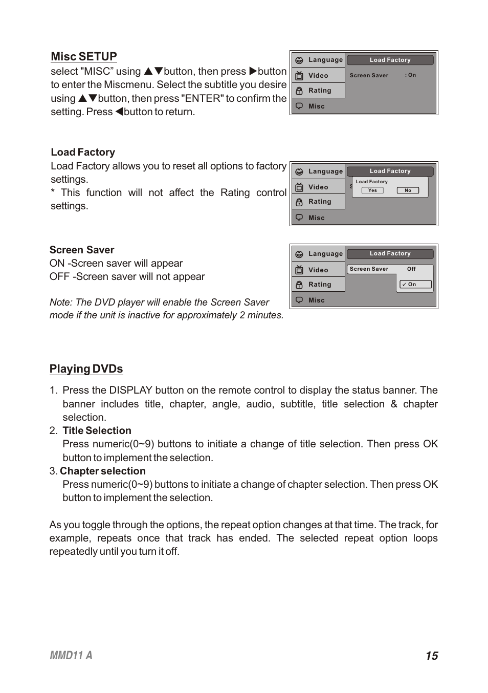 15 mmd11 a, Misc setup, Playing dvds | Audiovox Movies2Go 128-8652 User Manual | Page 15 / 24