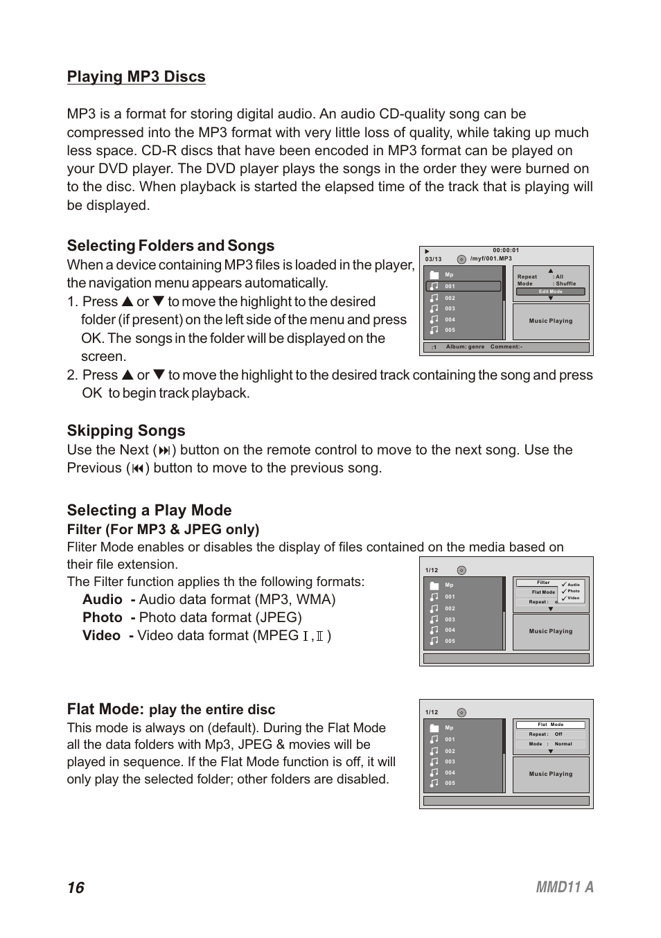 Selecting folders and songs, Skipping songs, Selecting a play mode | Flat mode, Filter (for mp3 & jpeg only), Play the entire disc | Audiovox Movies2Go 128-8652 User Manual | Page 16 / 24