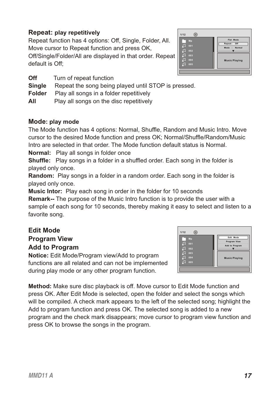 17 mmd11 a repeat, Mode, Edit mode program view add to program | Audiovox Movies2Go 128-8652 User Manual | Page 17 / 24
