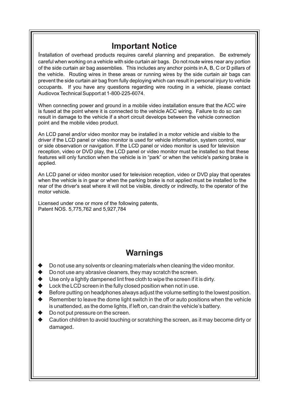 Important notice, Warnings | Audiovox Movies2Go 128-8652 User Manual | Page 2 / 24