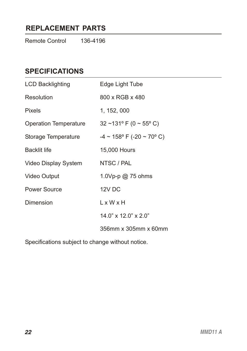 Replacement parts specifications | Audiovox Movies2Go 128-8652 User Manual | Page 22 / 24