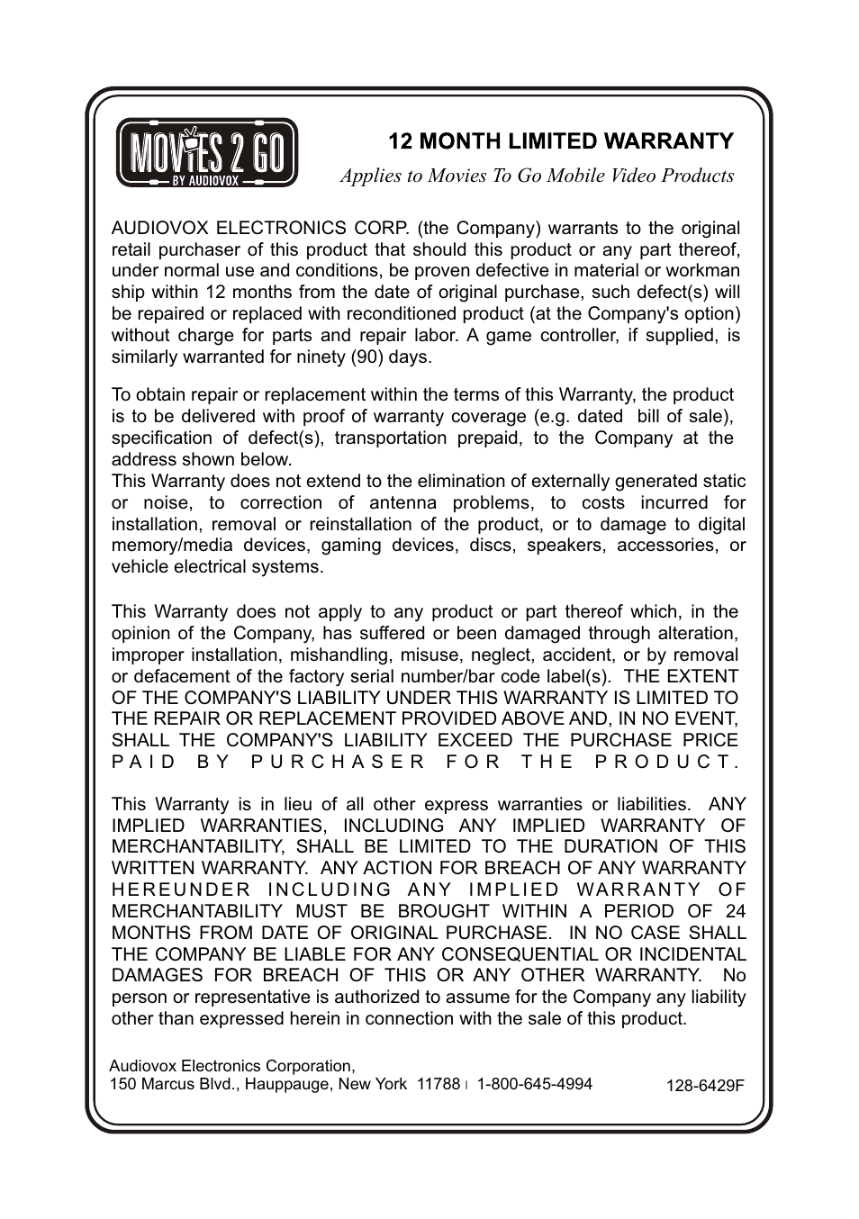Applies to movies to go mobile video products | Audiovox Movies2Go 128-8652 User Manual | Page 23 / 24