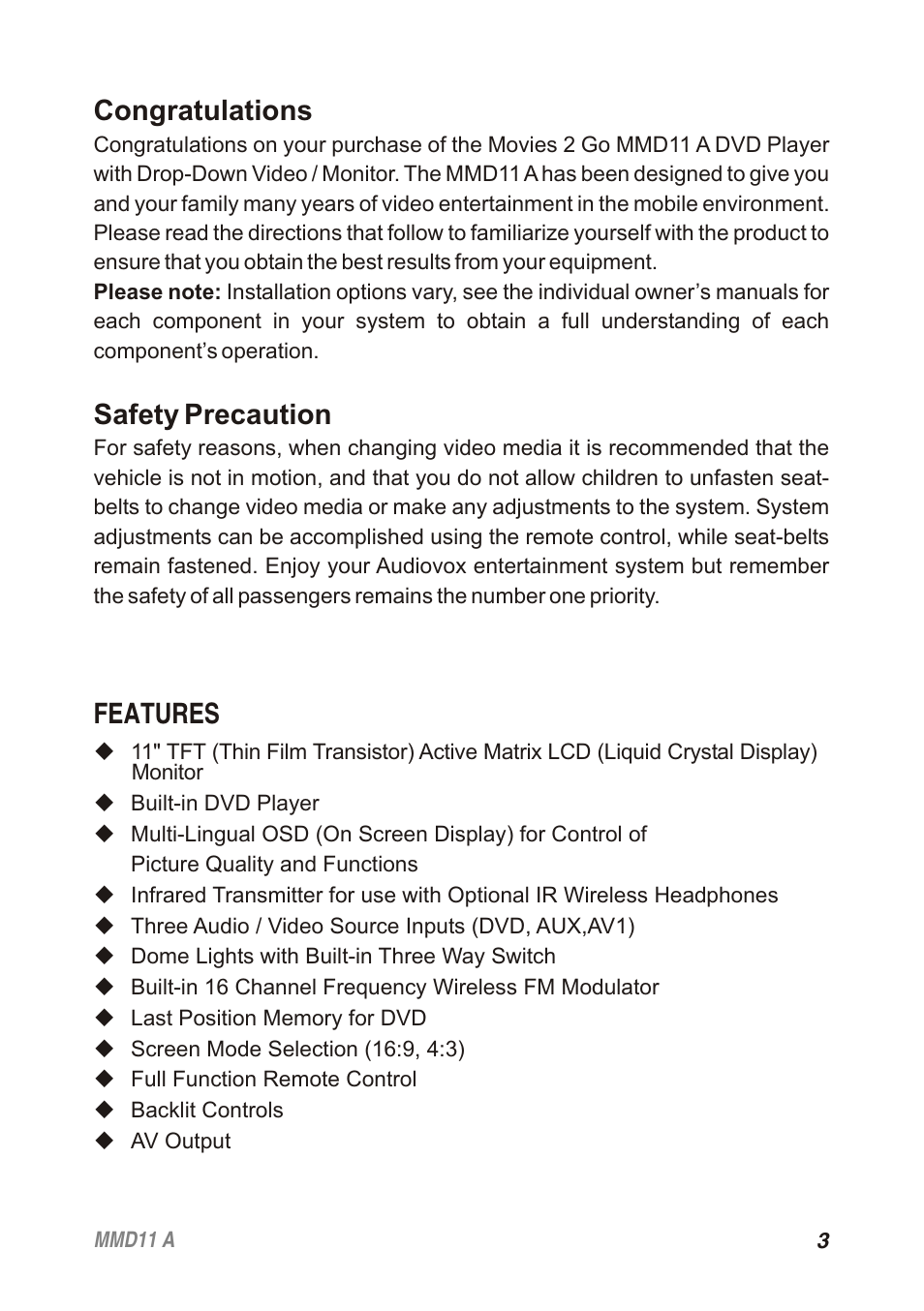 Features, Safety precaution | Audiovox Movies2Go 128-8652 User Manual | Page 3 / 24