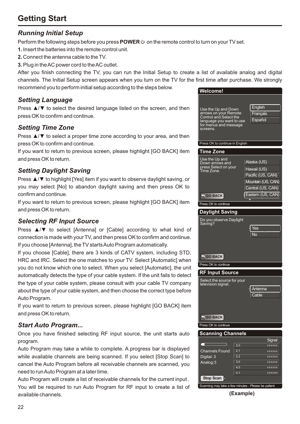 Getting start, Running initial setup, Setting language | Audiovox FPE3207 User Manual | Page 23 / 55