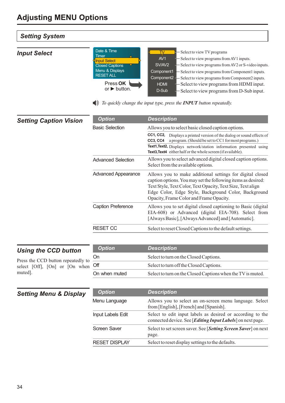 Adjusting menu options, Input select, Setting caption vision | Using the ccd button, Setting menu & display, Setting system | Audiovox FPE3207 User Manual | Page 35 / 55