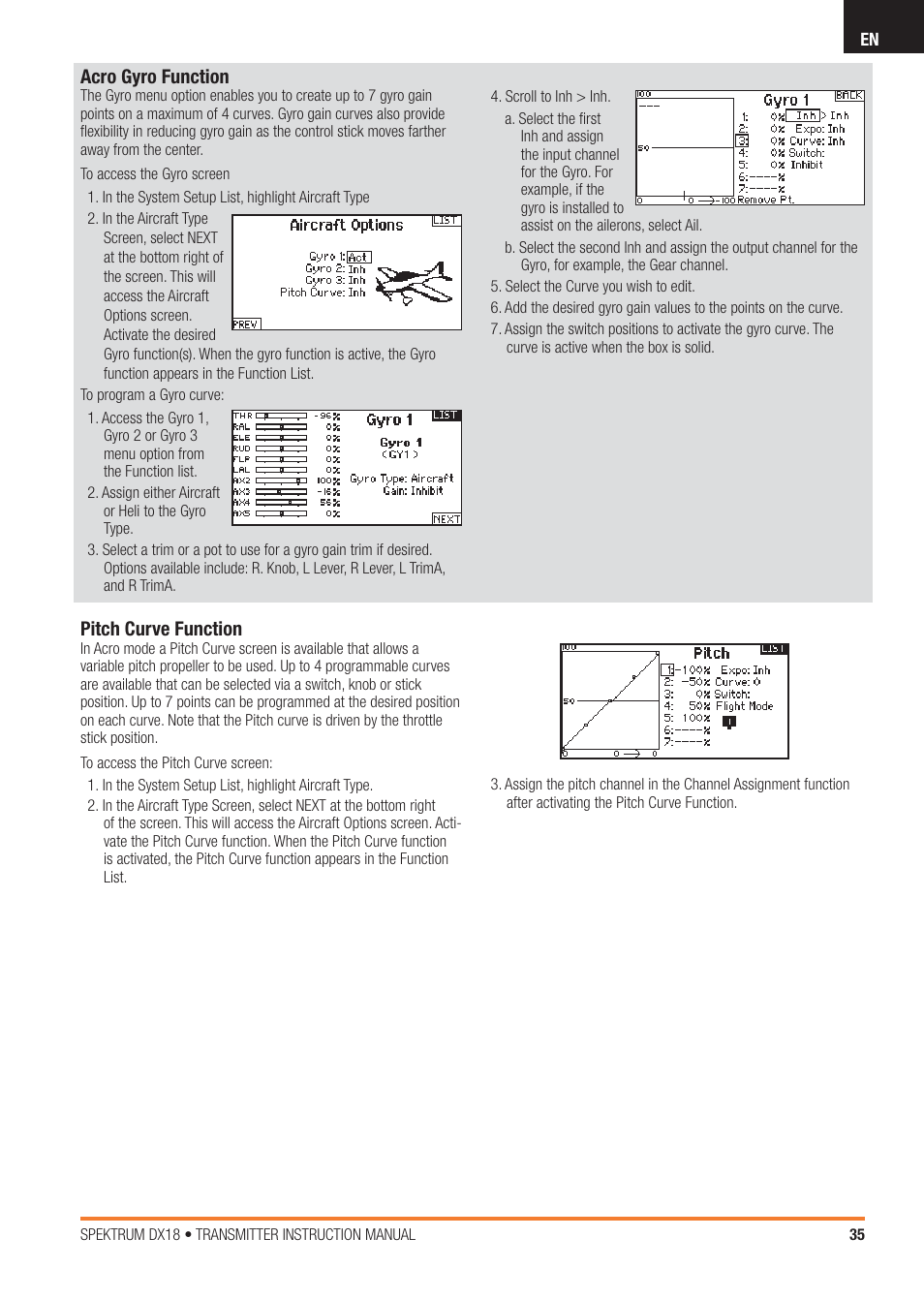 Acro gyro function, Pitch curve function | Spektrum SPM18100 DX18 User Manual | Page 35 / 47