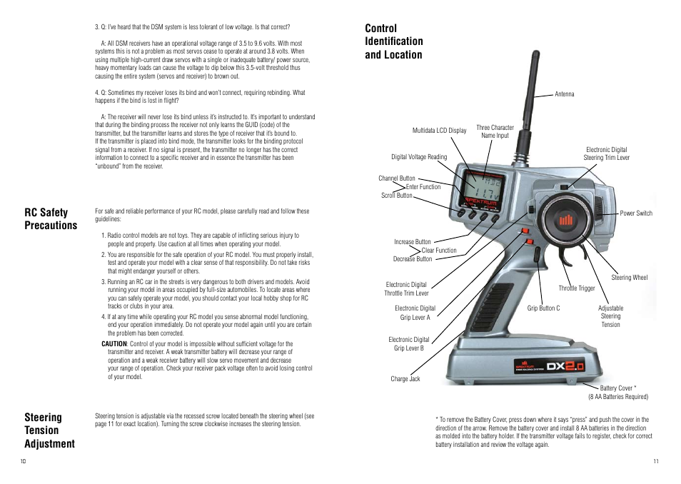 Rc safety precautions, Steering tension adjustment, Control identification and location | Spektrum SPM20220 DX2.0 User Manual | Page 6 / 18