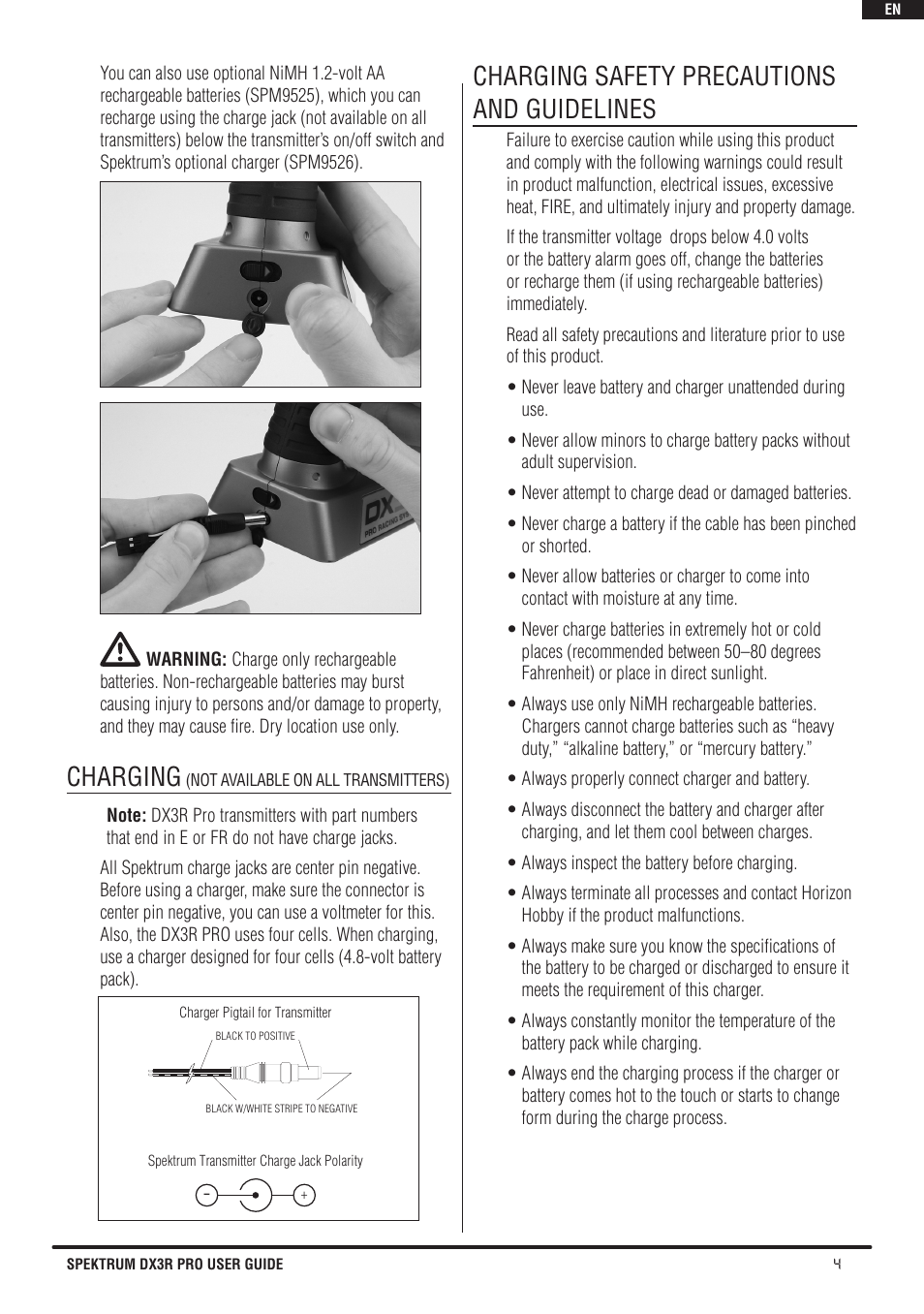 Charging, Charging safety precautions and guidelines | Spektrum SPM3200 DX3R PRO User Manual | Page 5 / 30