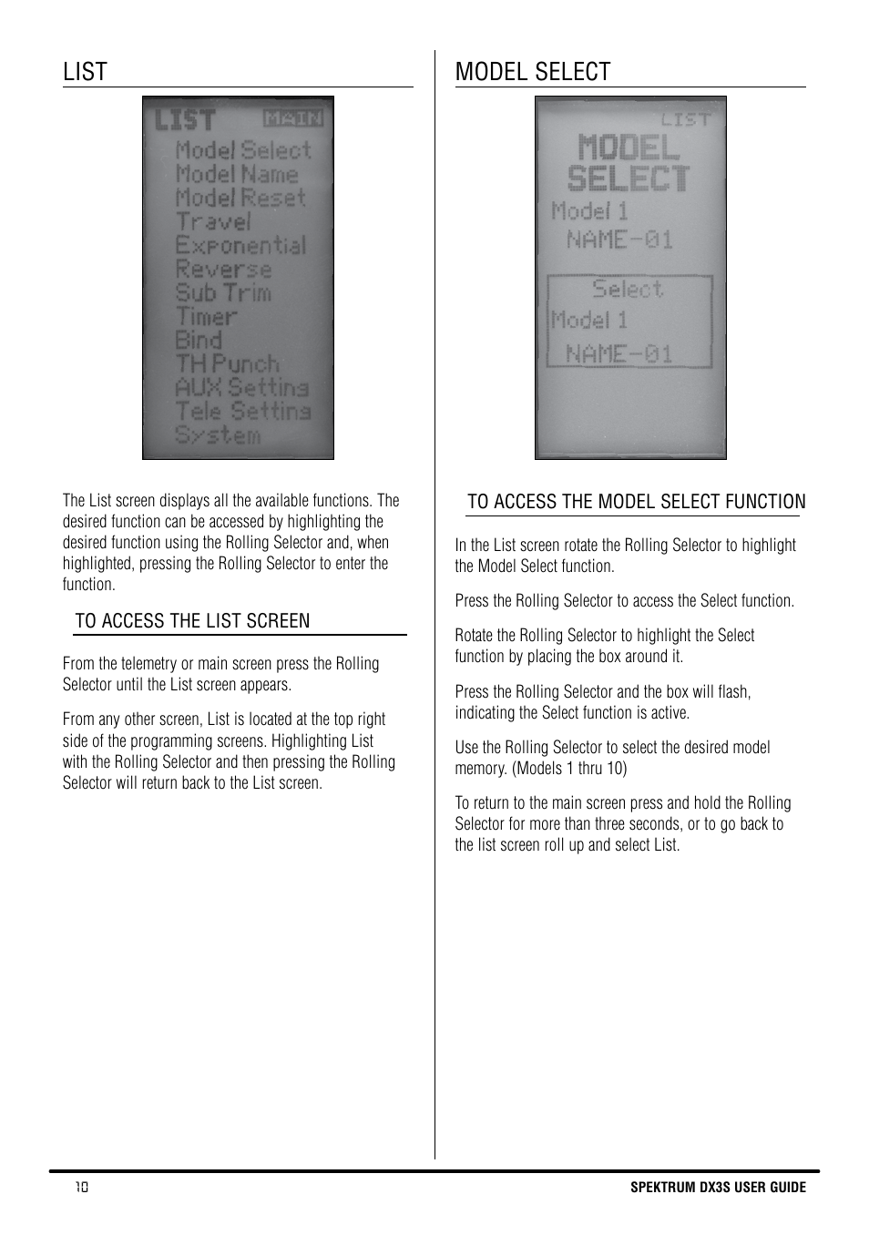 List, Model select | Spektrum SPM3130 DX3S Manual User Manual | Page 10 / 30