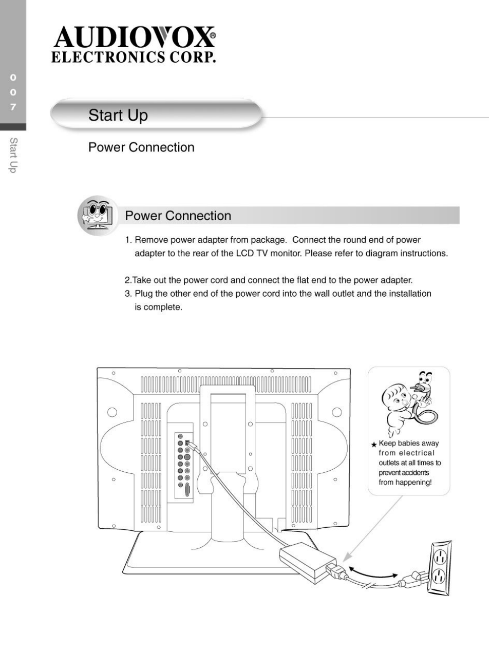 Start up, Power connection, Audiovox | Electronics corp | Audiovox FP2000 User Manual | Page 10 / 43