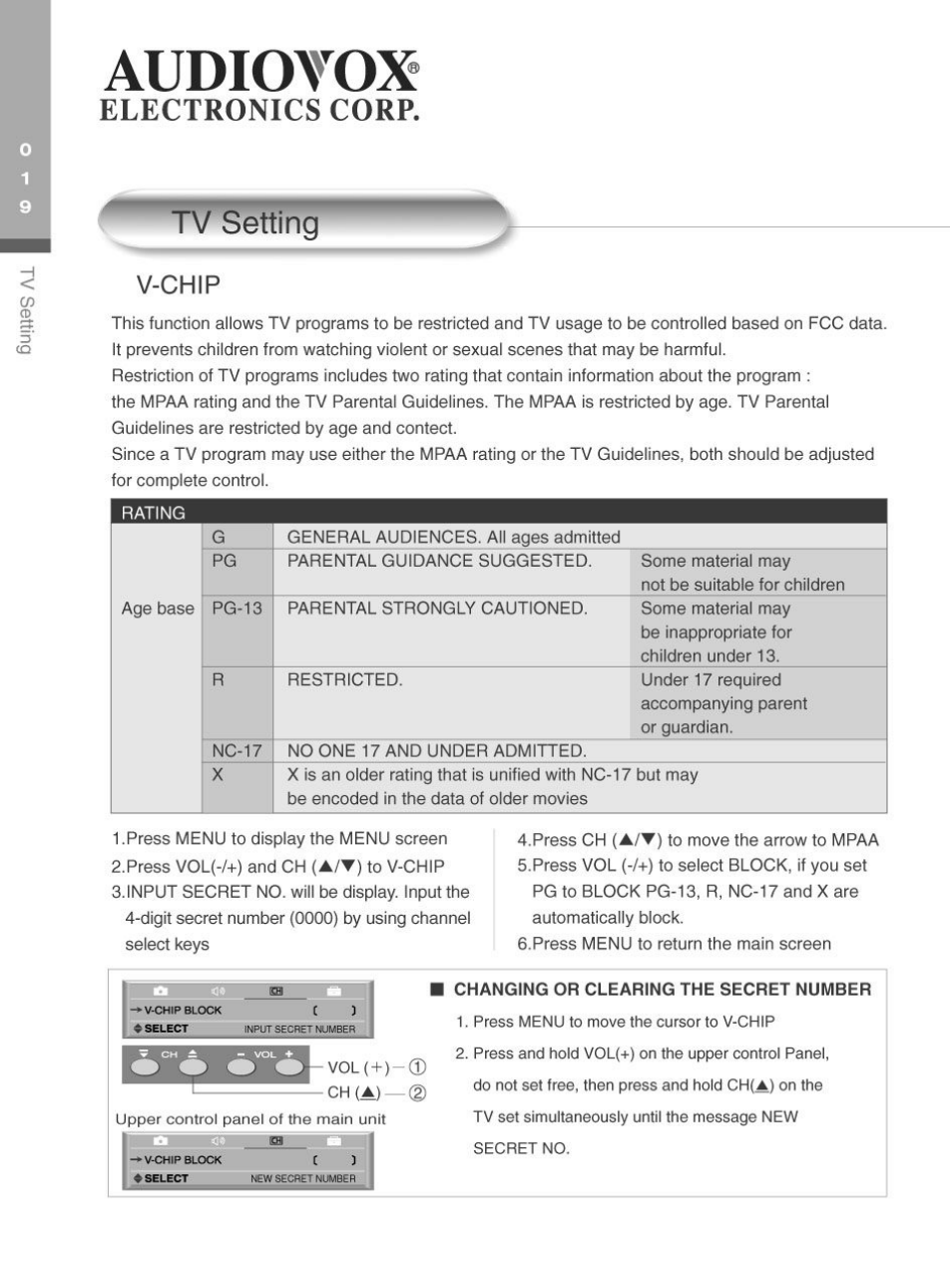 Tv setting, V-chip, Audiovox | Electronics corp | Audiovox FP2000 User Manual | Page 22 / 43