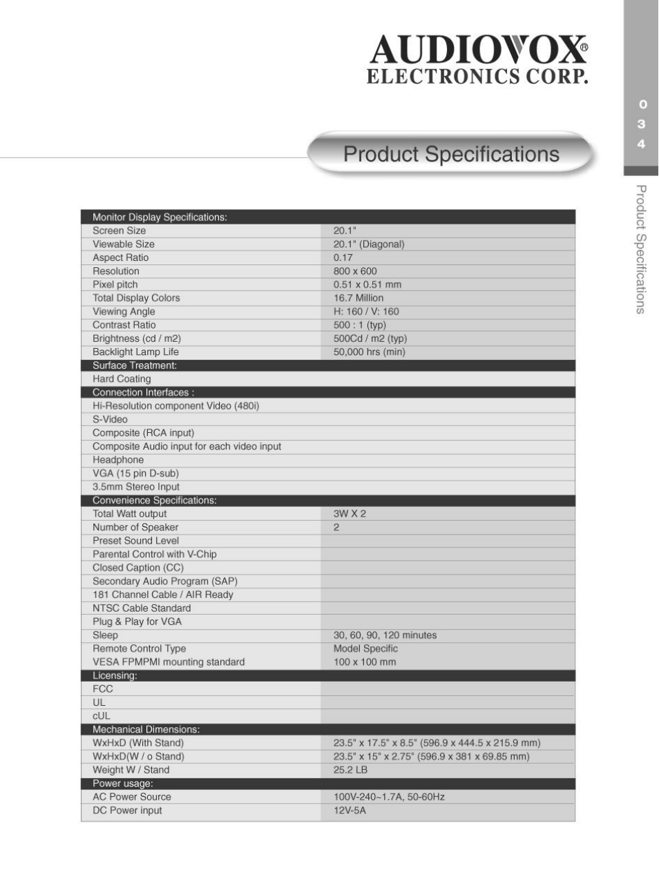 Product specifications, Audiovox, Electronics corp | Audiovox FP2000 User Manual | Page 37 / 43