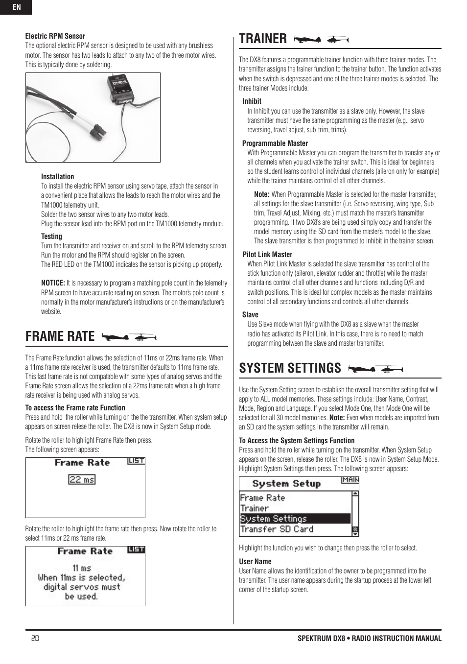 Frame rate, Trainer, System settings | Spektrum DX8 User Manual | Page 20 / 42