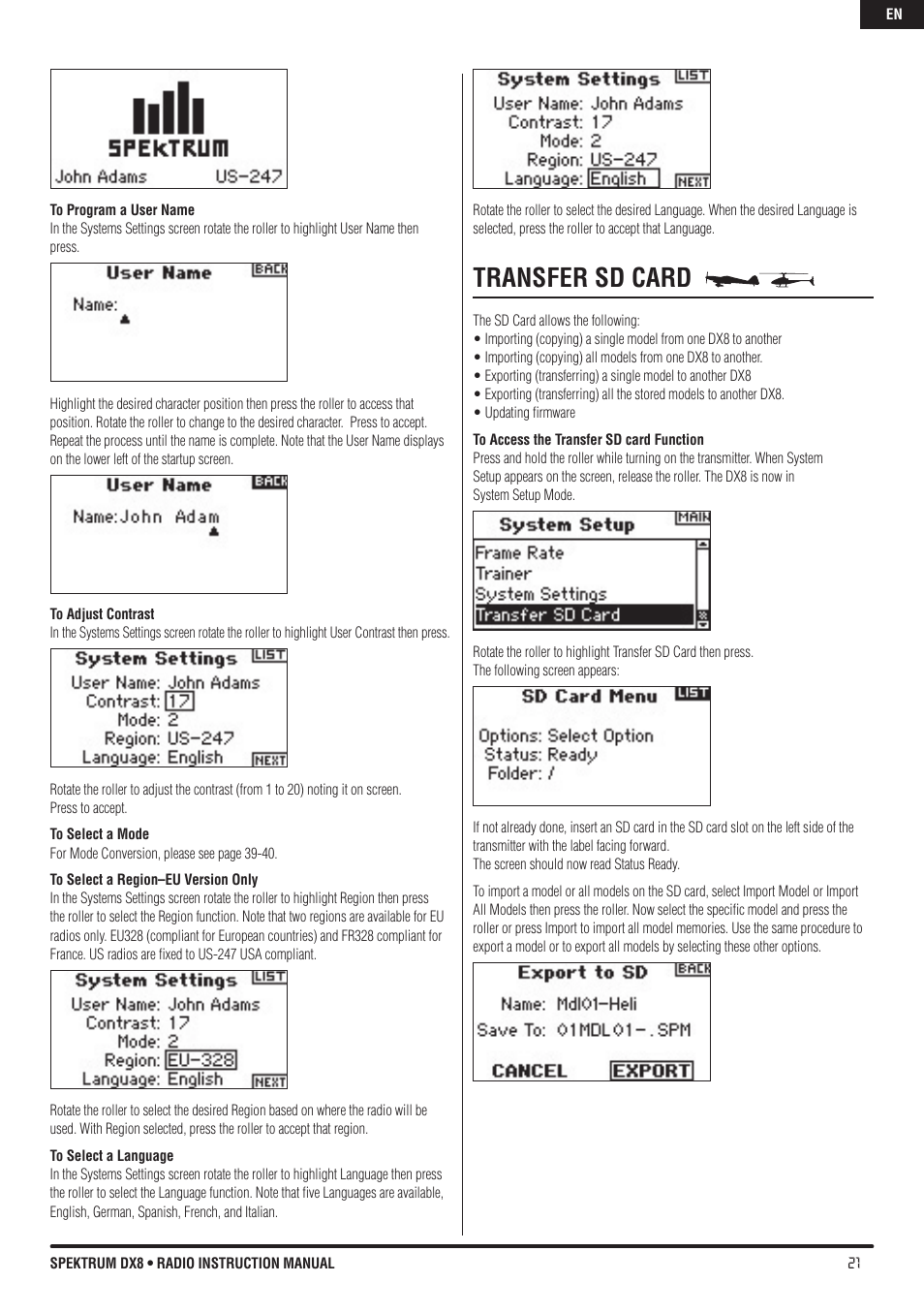 Transfer sd card | Spektrum DX8 User Manual | Page 21 / 42