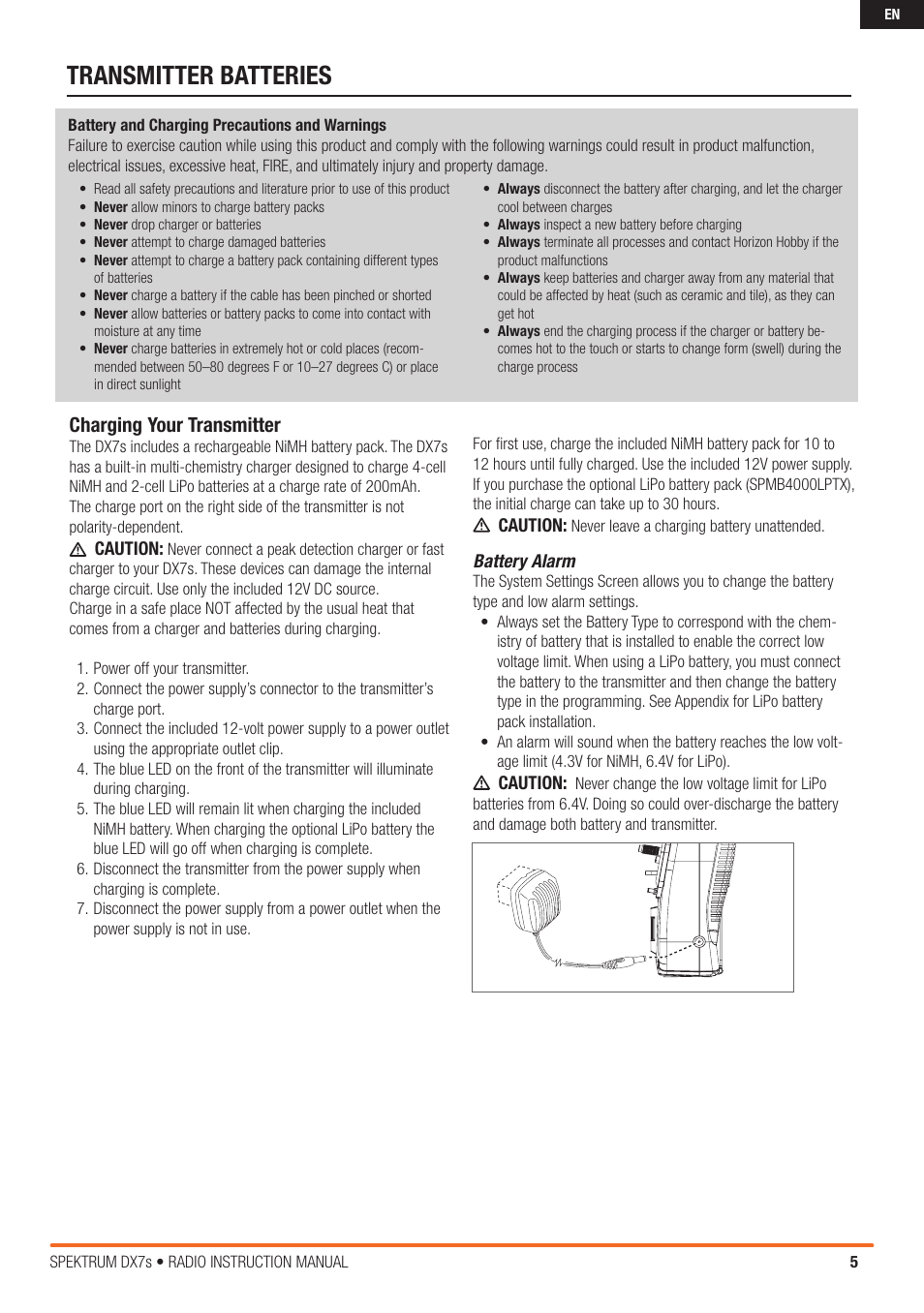 Transmitter batteries, Charging your transmitter | Spektrum SPM7800 DX7S User Manual | Page 5 / 32