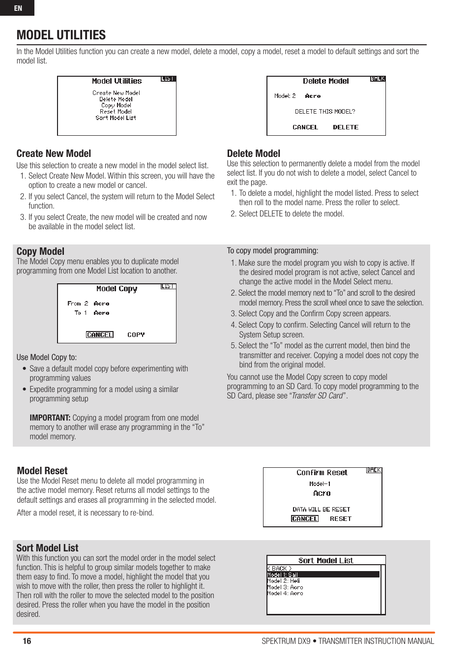 Model utilities, Model reset, Copy model | Create new model, Delete model, Sort model list | Spektrum SPMR9900 DX9 User Manual | Page 16 / 48