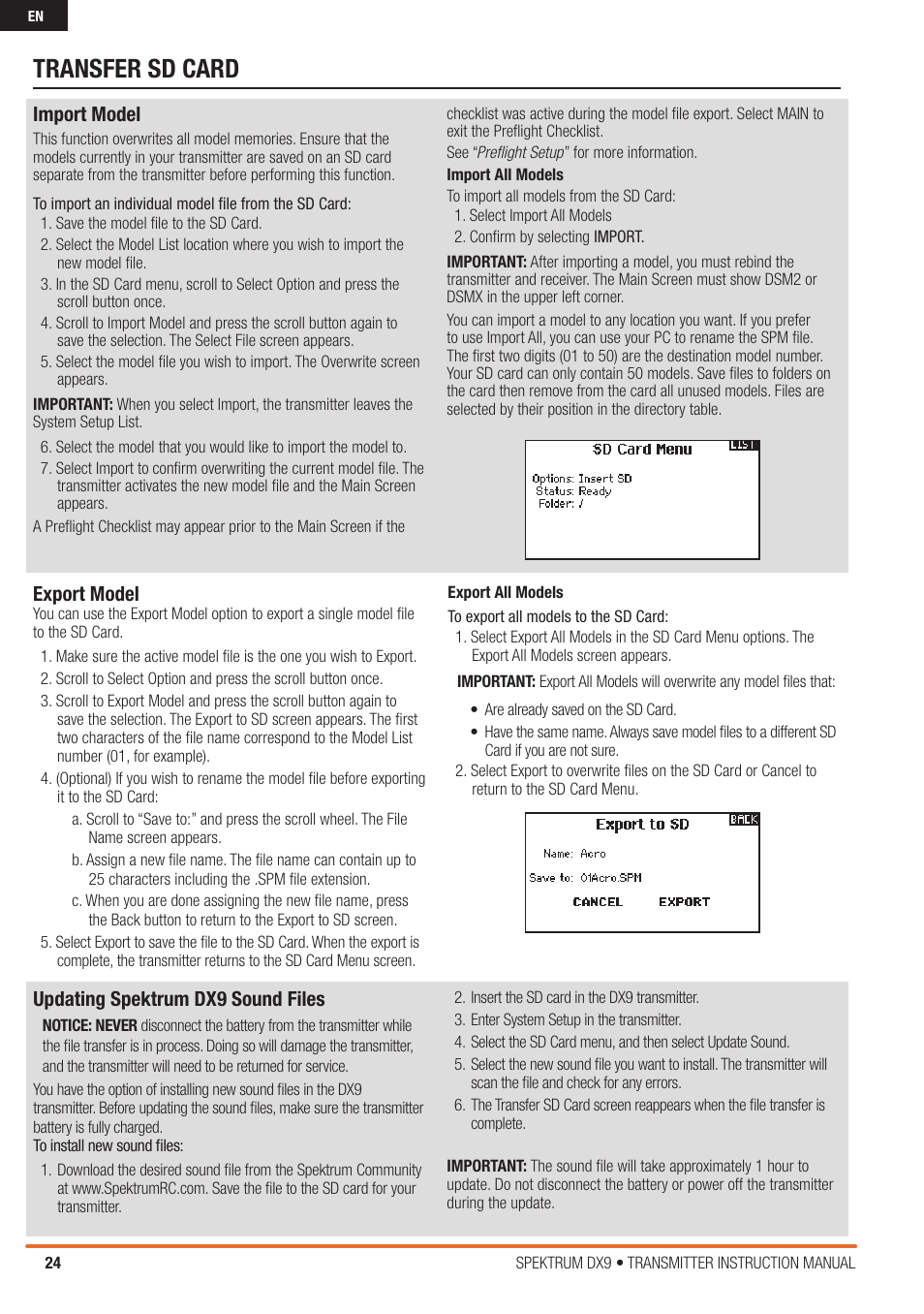 Transfer sd card, Import model, Export model | Updating spektrum dx9 sound files | Spektrum SPMR9900 DX9 User Manual | Page 24 / 48