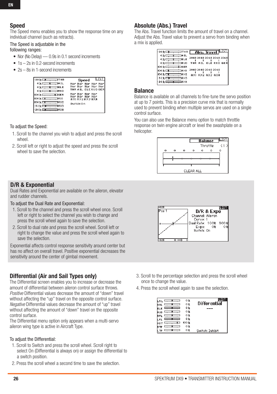 Speed, Absolute (abs.) travel, Balance | D/r & exponential, Differential (air and sail types only) | Spektrum SPMR9900 DX9 User Manual | Page 26 / 48