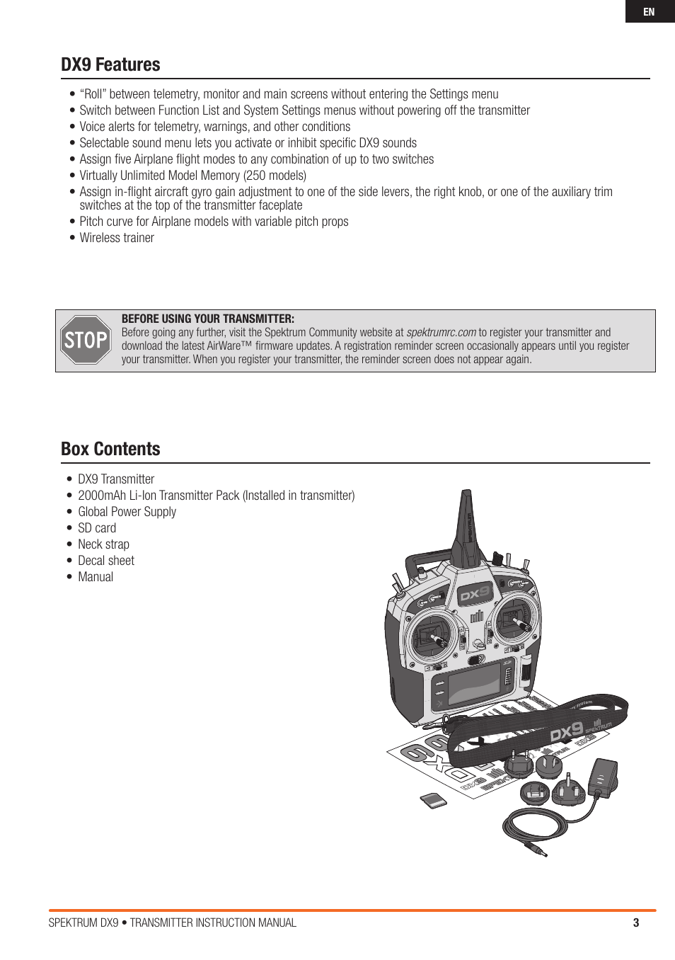 Box contents dx9 features | Spektrum SPMR9900 DX9 User Manual | Page 3 / 48