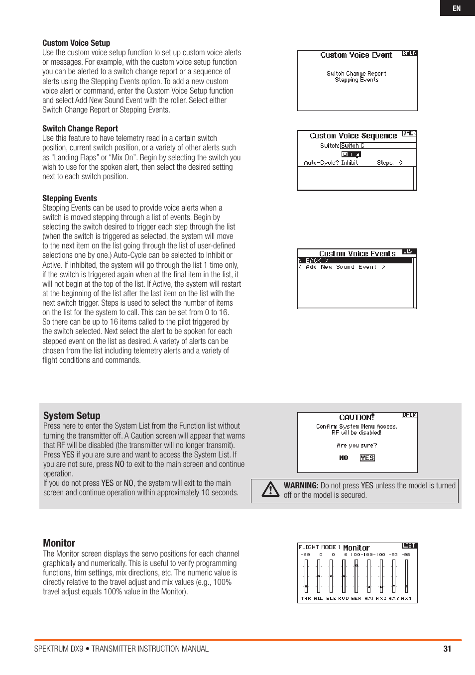 System setup, Monitor | Spektrum SPMR9900 DX9 User Manual | Page 31 / 48