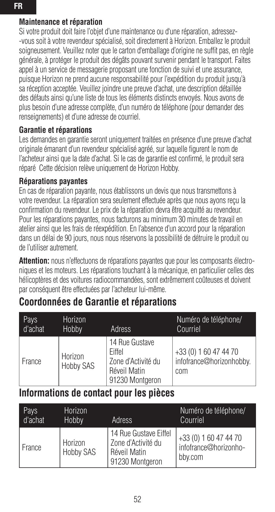 Coordonnées de garantie et réparations, Informations de contact pour les pièces | Spektrum SPMAR9020 User Manual | Page 52 / 72