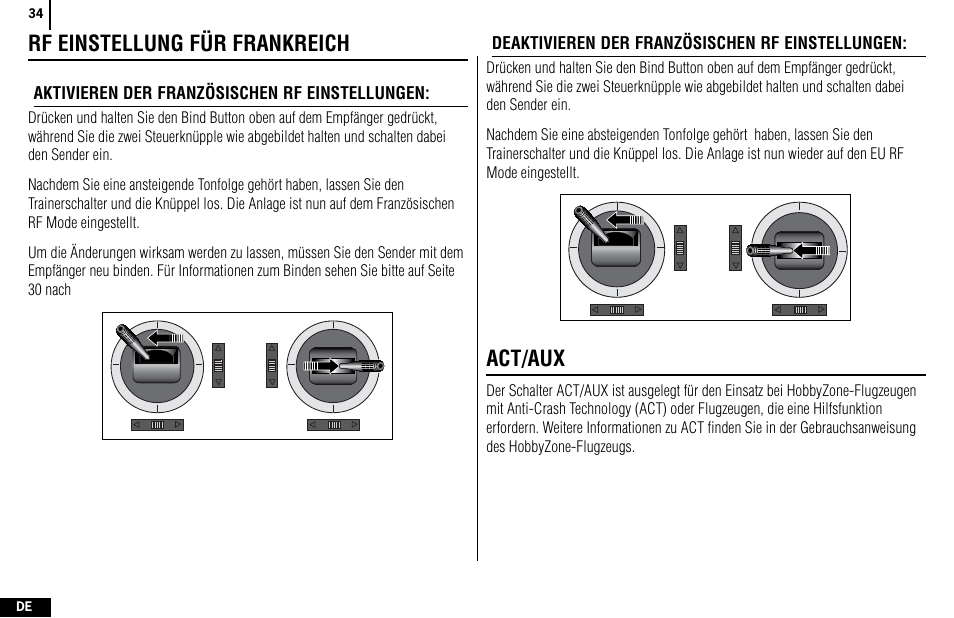 Rf einstellung für frankreich, Act/aux | Spektrum SPMR4400 DX4e User Manual | Page 34 / 84