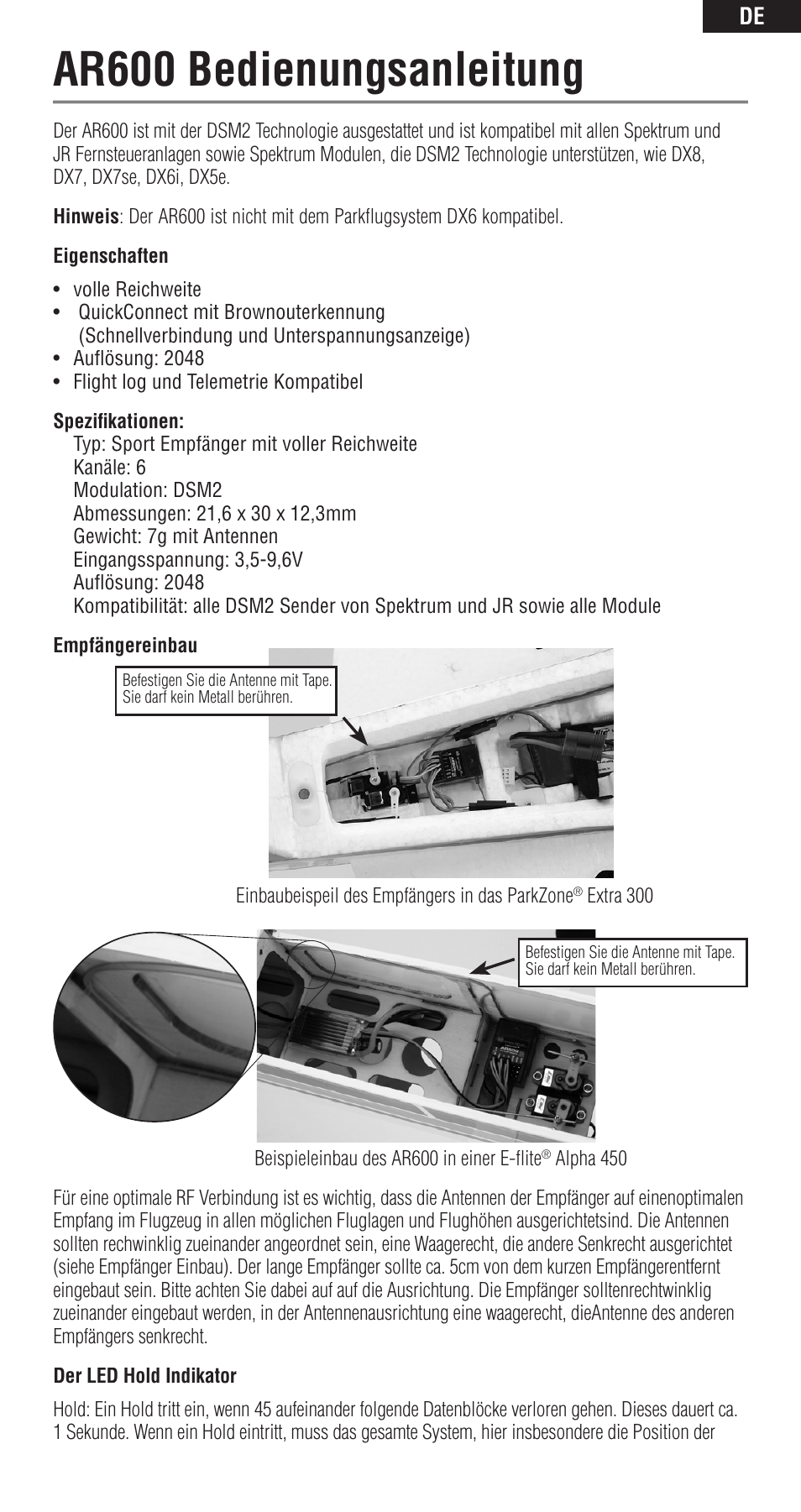 Ar600 bedienungsanleitung | Spektrum SPMAR600 User Manual | Page 15 / 44