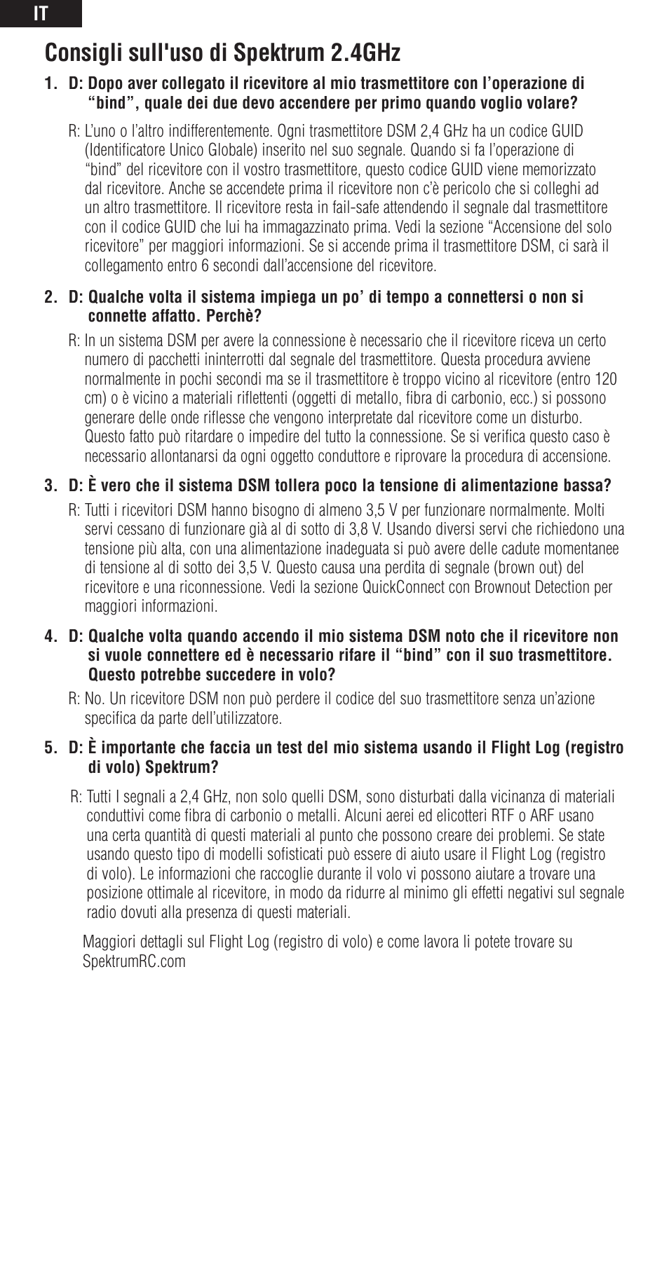 Consigli sull'uso di spektrum 2.4ghz | Spektrum SPMAR600 User Manual | Page 40 / 44
