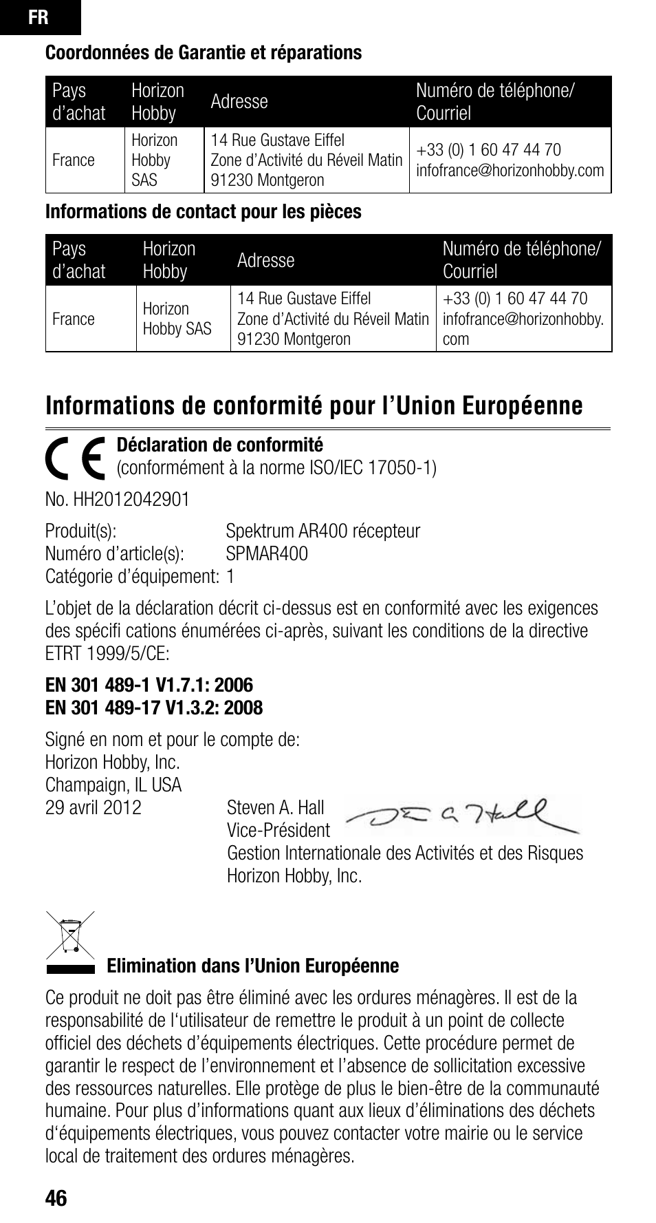 Informations de conformité pour l’union européenne | Spektrum SPMAR400 User Manual | Page 46 / 64